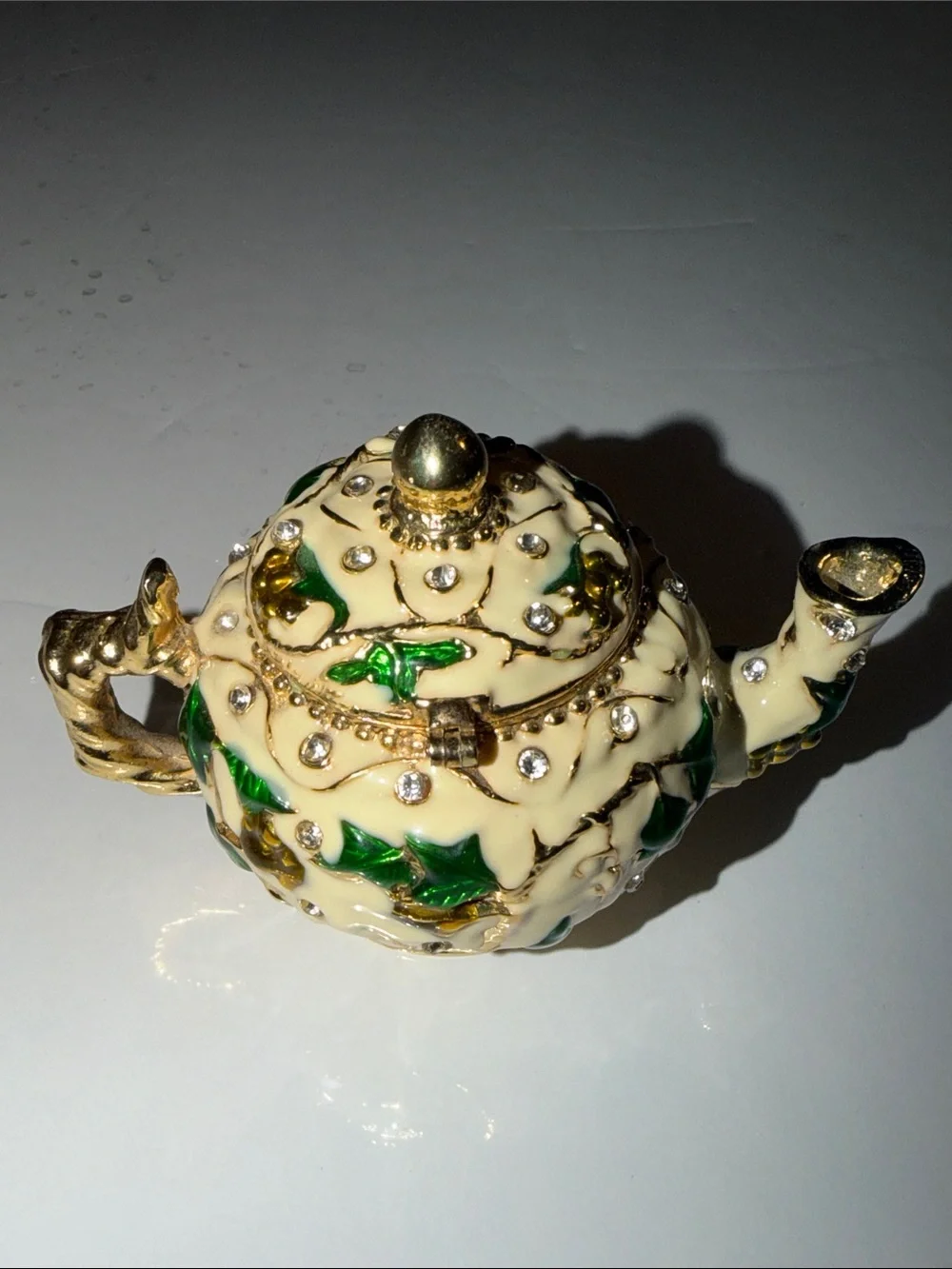 Ornate Decorative Teapot Accent with Green Leaf Detailing Trinket Box